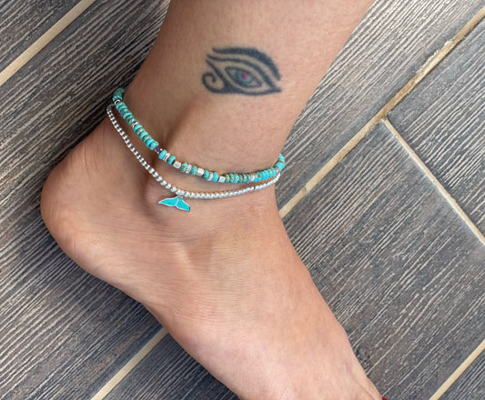 צמיד לרגל שילוב סנפיר טורקיז- כסף 925